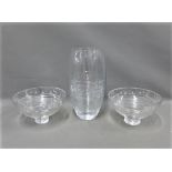 John Rocha glass vase, 35cm, together with a pair of matching bowls (3)