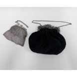 George V silver chain purse, London 1915 and a black velvet evening bag with silver cantle, London