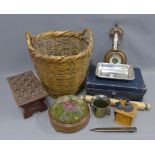 Mixed lot to include a carved oak footstool, wicker basket, bronze mortar, coffee grinder,