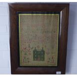 William IV needlework sampler, dated 1830, under verre eglomise glass, within a faux rosewood frame,
