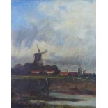 Continental School oil on canvas of a windmill and village, apparently unsigned, in an ornate frame,