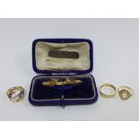 Edwardian 9ct gold and seed pearl bar brooch and a silver 'Baby' brooch, 9ct gold gemset rings, 9 ct