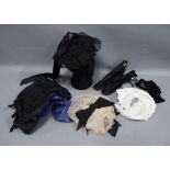 Victorian black lace mourning hat, black and purple silk bonnet, satin shoes, etc (a lot)