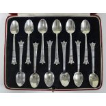 Cased set of twelve silver coffee spoons, R.E Stone, London 1936, the case with Harrods retail