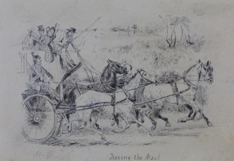 John Leech (1817 - 1864) two ink drawings inscribed 'Racing the Mail' and 'Down the hill on a frosty - Image 2 of 4
