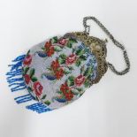 Beaded bag with silver cantle, bearing continental silver hallmarks and import marks for Chester