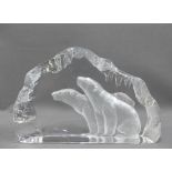 Mats Jonasson for Kosta Boda, glass intaglio sculpture in the form of an iceberg with two seated