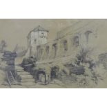 19th century pencil and chalk sketch of a Roman ruins with figures, signed H. Hill, framed under