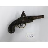 19th century pocket pistol, flintlock with a 4" steel barrel, overall length 21cm