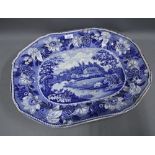 Staffordshire blue and white transfer printed meat dish, 53cm
