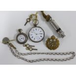 Silver cased pocket watch, fob watch, watch chain, Acme 'Boy Scout' whistle and RAF cap badge (a