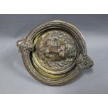 Brass lion mask head door knocker, 13cm
