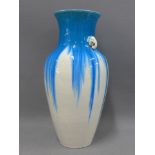 Japanese Meiji vase of large size, with blue and white streaked glaze and elephant handles, 37cm