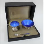 Ela Denmark Sterling silver and blue enamel cruet set, in a fitted case (3)