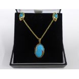 9ct gold and turquoise pendant on a 9ct gold chain with a pair of similar 9ct gold and turquoise