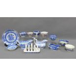 Group of 19th century Staffordshire transfer printed blue and white pottery to include a toast rack,