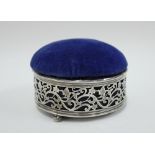 Edwardian silver jewellery box/ pin cushion with a blue velvet top, Chester 1907, 10cm diameter