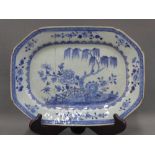 Chinese Kangxi blue and white serving plate of rectangular canted form, painted with flowers and