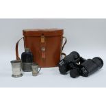 Zenith binoculars in a leather case, pewter and leather hip flask and collapsible cups / measure (