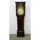 Mahogany longcase clock, flat top over a painted dial with roman numerals and two subsidiary