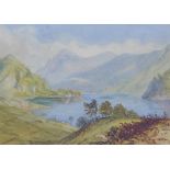 Landscape watercolour with lake and mountains, unsigned, framed under glass 25 x 18cm