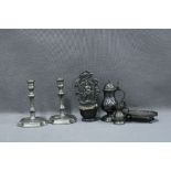 Collection of 18th century and later pewter to include holy water font, stein, quarter gill