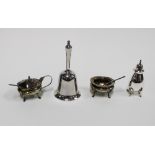 Sammy of Hong Kong, Sterling silver table bell and three piece silver condiment set, all signed