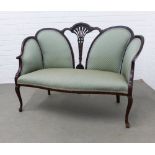 Edwardian mahogany parlour settee with harebell splat and later upholstery back and seat, on