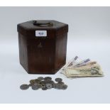 Late 19th / early 20th century octagonal box and a collection of bank notes and coins (a lot)