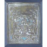Bronze and blue enamel Icon plaque in a glazed showcase frame, 9 x 12cm, 35 x 37cm overall