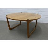 FF Caffrance vintage Danish teak coffee table, circular top with stylised legs, labelled to