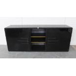 Contemporary French buffet cabinet with mosaic tiled top and sides and ebonised doors, with orange