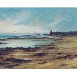 Alfred Allan, (Scottish, born 1944) Shore scene with castle ruin in the distance, oil on board,