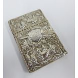 Chinese Export silver card case and cover by Luen Wo, profusely decorated with figures and village