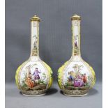 Pair of Dresden bottle vases and covers, the yellow ground with panels of Watteau type figures, AR