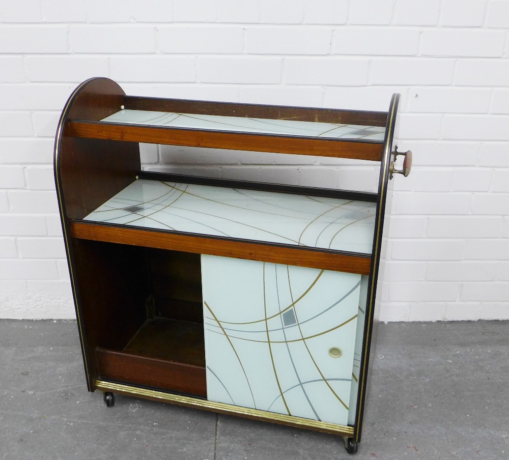 Retro 1950's teak and glass serving trolley, with two shelves and bottom cabinet, 78 x 82 x 39cm