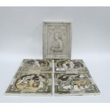 Mintons set of four Moyr Smith tiles and a David Hume composite plaque, (5)