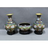 Cloisonne garniture with two baluster vases and a bowl, (3) 25cm