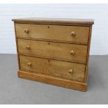 Victorian pine chest with three long drawers with un handles, 77 x 91 x 43cm