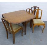 Queen anne style burr walnut dining suite comprising drop-leaf table and set of four chairs on