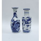 Chinese blue and white Rouleau vase with dragon pattern, (small chip to rim) and a Chinese blue