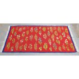 Romanian Kilim rug, red field with floral pattern 202 x 100cm