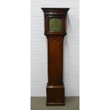 19th century oak longcase clock, the flat top over a brass dial with roman numerals and a date