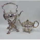 19th century silver plated spirit kettle on stand and a teapot, (Please note: Franklin Browns have