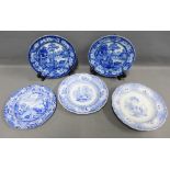 Five Staffordshire transfer printed blue and white pottery plates to include Rural Scenery &