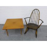 Ercol dark elm rocking chair 64 x 85cm, together with a vintage teak coffee table of square form, 69