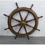 Large mahogany and brass mounted ships wheel, likely Danish 102 x 110cm