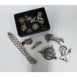 Ola Gorie silver spinning wheel brooch, Shetland Silvercraft Horse brooch, silver Bird brooch and