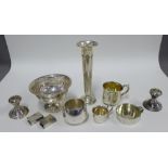 Collection of American silver to include a sugar bowl, solifleur vase, pair of dwarf candlesticks,