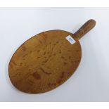 Mouseman oak cheese / bread board with carved mouse trademark on handle, 38 x 20cm
